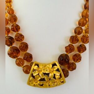 Amber Lucite Beads with Gold Plated Floral Centerpiece Necklace